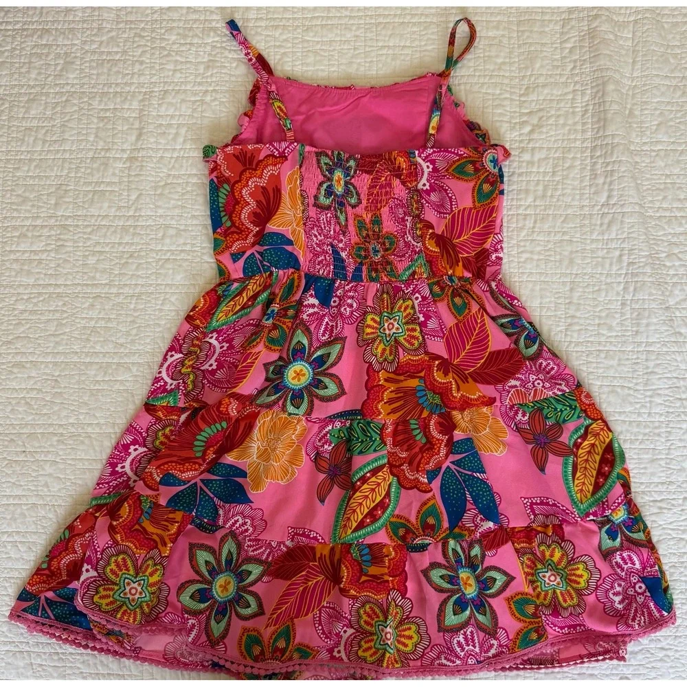 Zunie from Nordstrom‎ Girls Pink Floral Tiered Sundress Pom Pom Trim Size 10